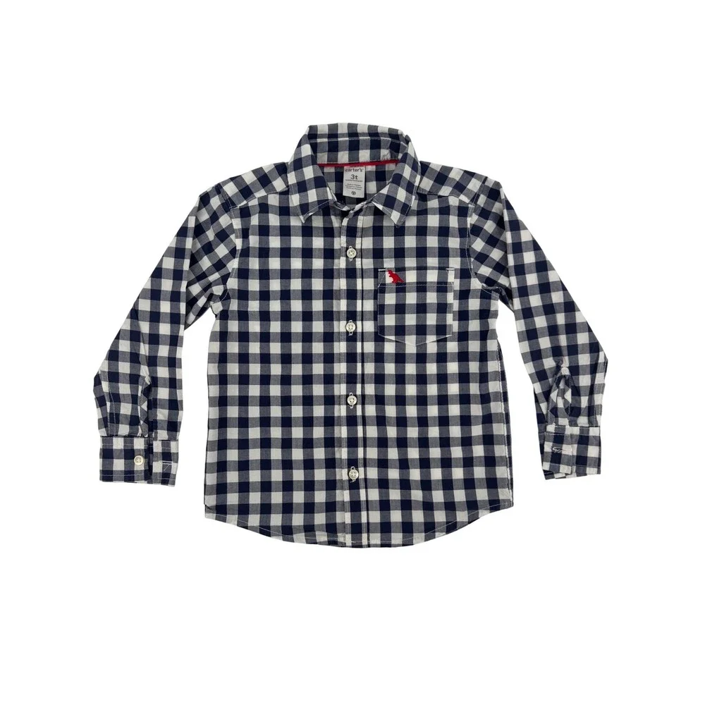 Carters Toddler Boys Navy Gingham Button Down Shirt Dinosaur 3T Long Sleeve